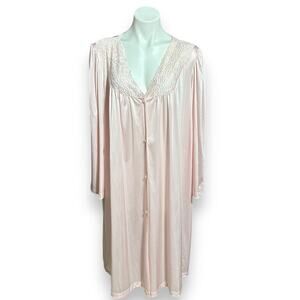 Vanity Fair Peignoir Robe Night Gown Vtg Silky Pink Embroidered Lace 70s XL USA